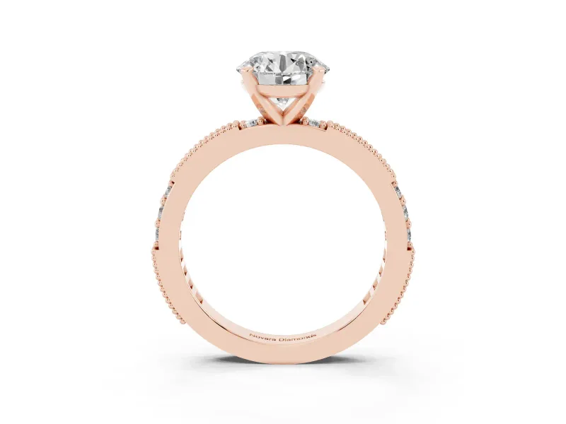 Round Cut Diamond Solitaire Ring Set in Rose gold with Slim Pavé Band and Prong Setting