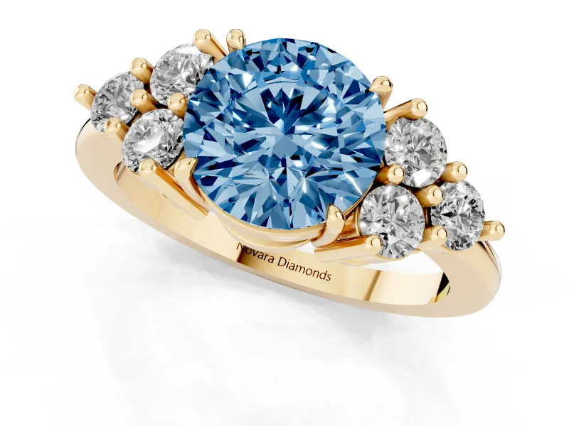 Round Cluster Side Stone Engagement Ring Setting for a Fancy Blue Lab-Grown Diamond | Yellow Gold
