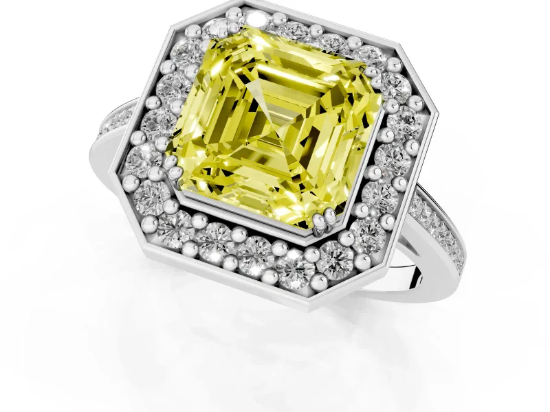 Asscher Cut Halo Engagement Ring Setting for a Fancy Yellow Lab-Grown Diamond | Polished Halo Rim | Sterling Silver