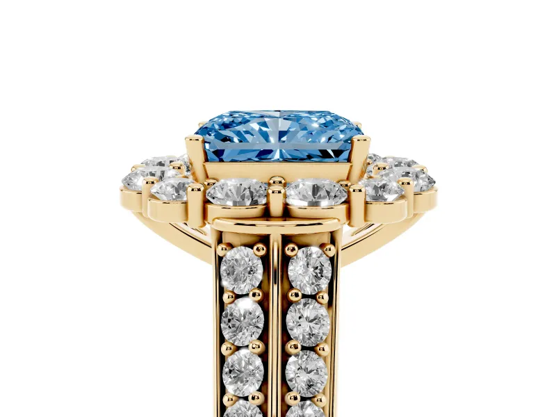 Radiant Cut Large Accent Halo Engagement Ring Setting for a Fancy Blue Lab-Grown Diamond | Graduated Pavé | Yellow Gold