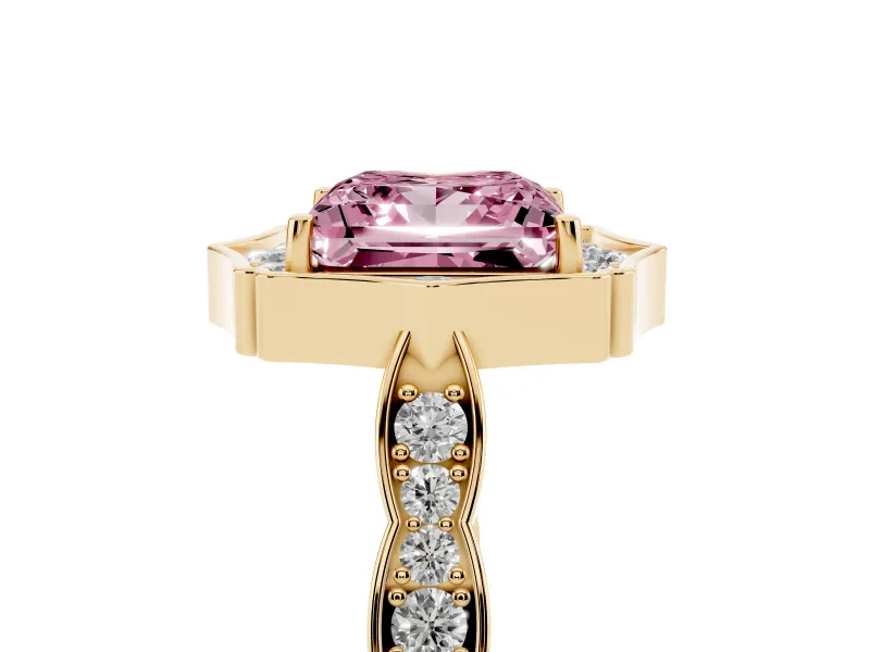 Princess Cut Vintage Scalloped Halo Engagement Ring Setting for a Fancy Pink Lab-Grown Diamond | Pave Band | Yellow Gold