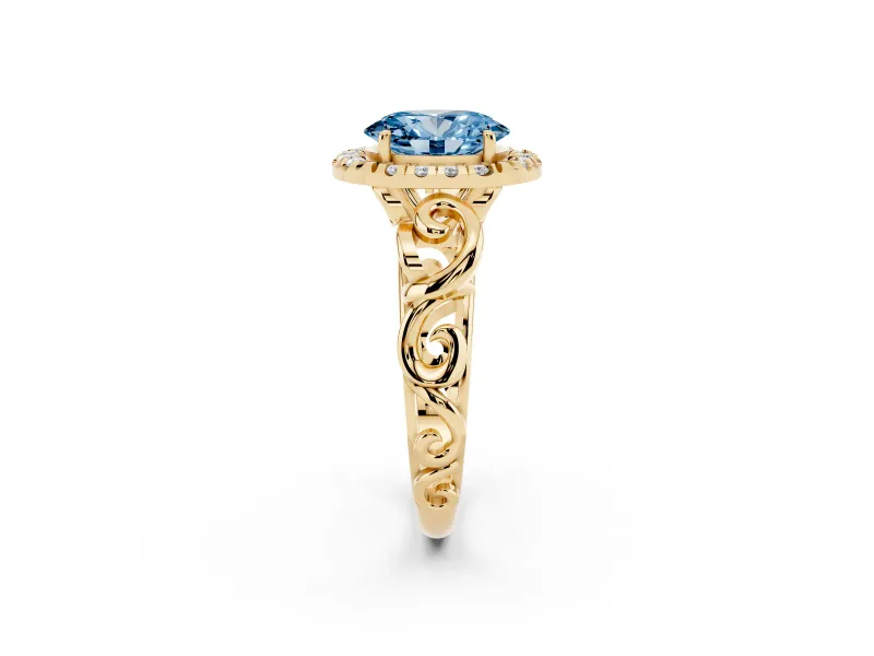 Fancy Blue Oval Cut Diamond Halo Ring Set in Yellow gold with Scrollwork Band and Prong Setting