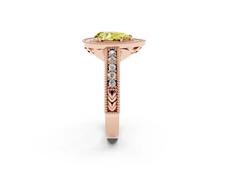 Pear-Shaped Milgrain Halo Engagement Ring Setting for a Fancy Yellow Lab-Grown Diamond | Carved Leaf Detail | Rose Gold