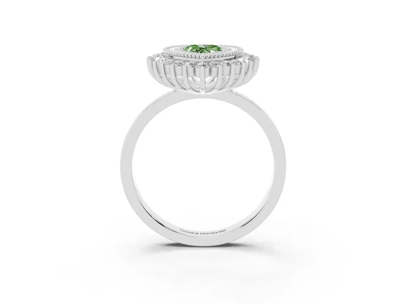 Fancy Green Pear Cut Diamond Halo Ring Set in White gold with Milgrain Edge and Round Prong Setting