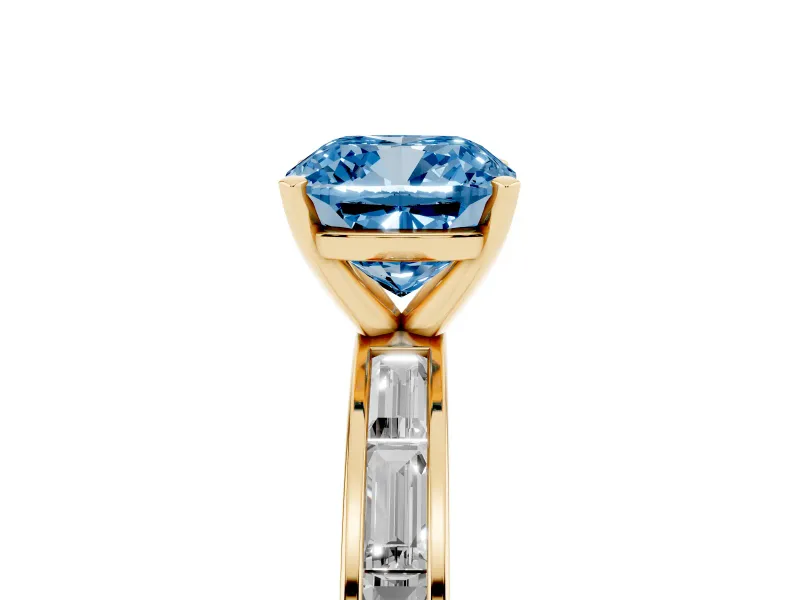 Fancy Blue Cushion Cut Diamond Solitaire Ring Set in Yellow gold with Channel-Set Baguette Band and Prong Setting