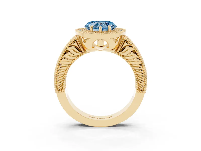 Heart-Shaped Milgrain Halo Engagement Ring Setting for a Fancy Blue Lab-Grown Diamond | Carved Leaf Detail | Yellow Gold