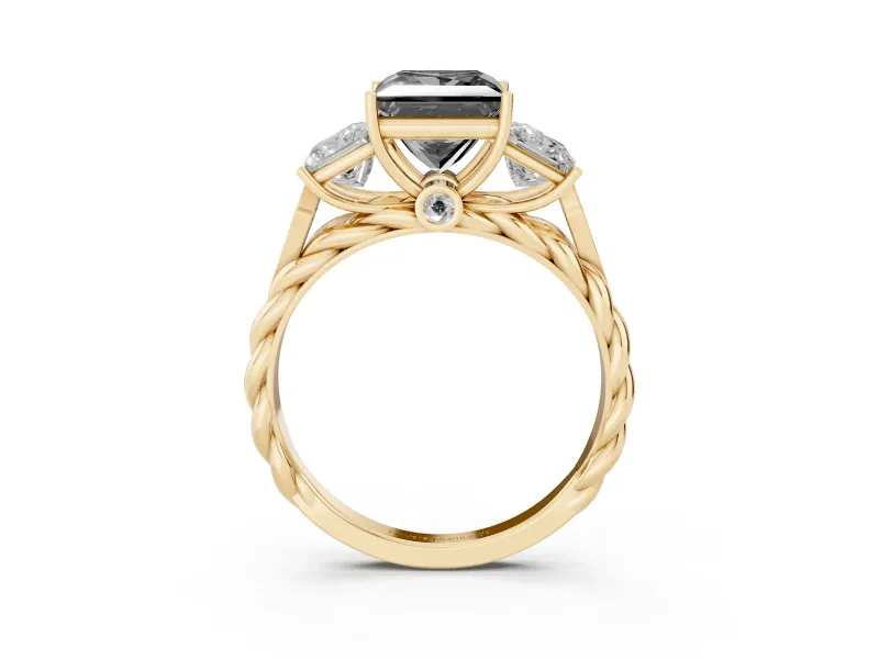 Fancy Black Princess Cut Diamond Three-Stone Ring Set in Yellow gold with Braided Band