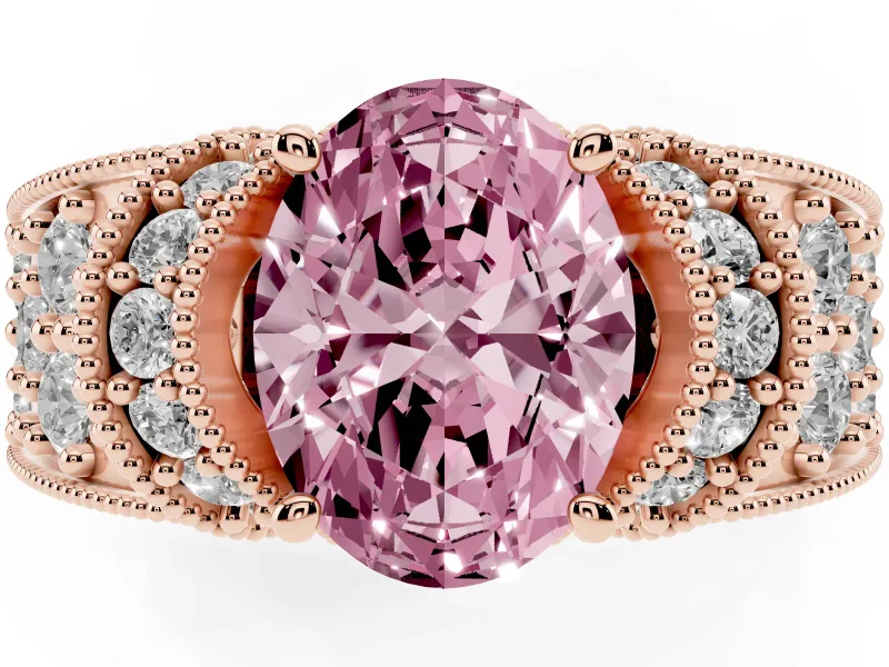 Oval Vintage Milgrain Pave Engagement Ring Setting for a Fancy Pink Lab-Grown Diamond | Crescent Side Rows | Rose Gold