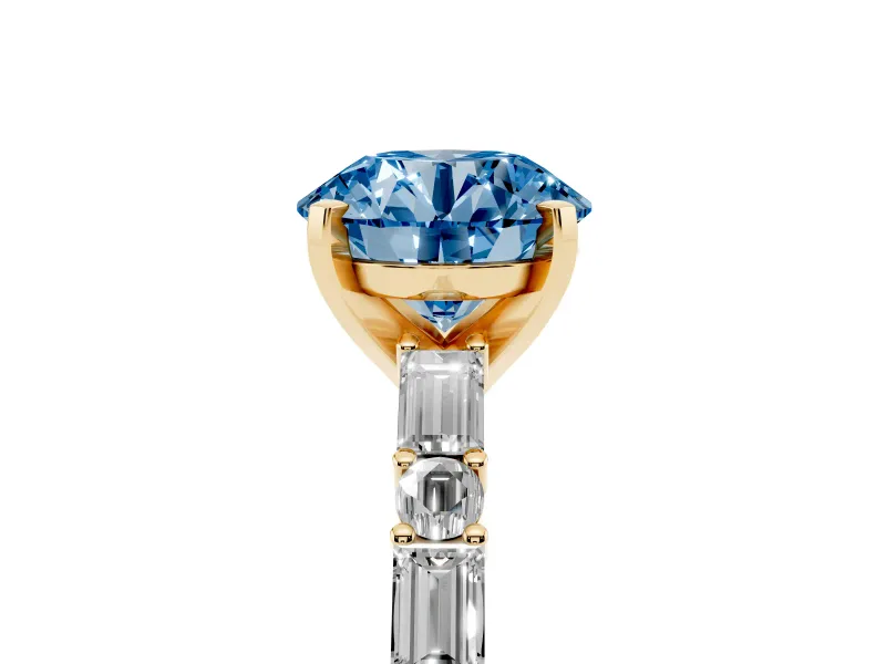 Fancy Blue Round Cut Diamond Solitaire Set in Yellow gold with Side Baguettes and Channel Set Band