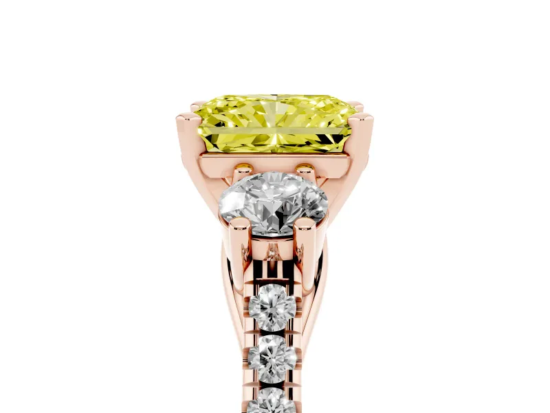 Radiant Cut Three-Stone Engagement Ring Setting for a Fancy Yellow Lab-Grown Diamond | Rose Gold