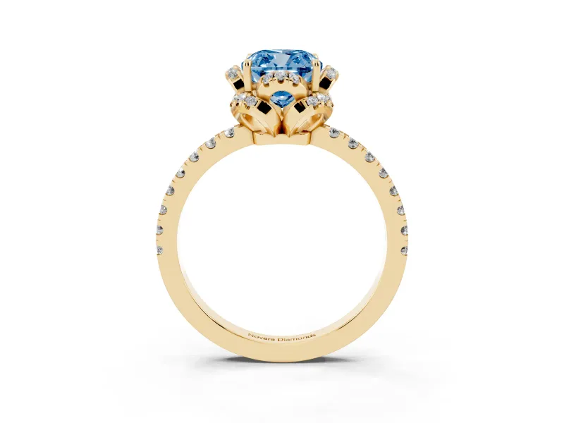 Cushion Cut Floral Petal Halo Engagement Ring Setting for a Fancy Blue Lab-Grown Diamond | Pavé Band | Yellow Gold