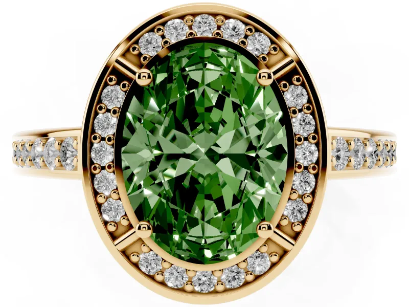 Fancy Green Oval Cut Diamond Halo Pavé Split Shank Ring Set in Yellow gold with Prong Setting
