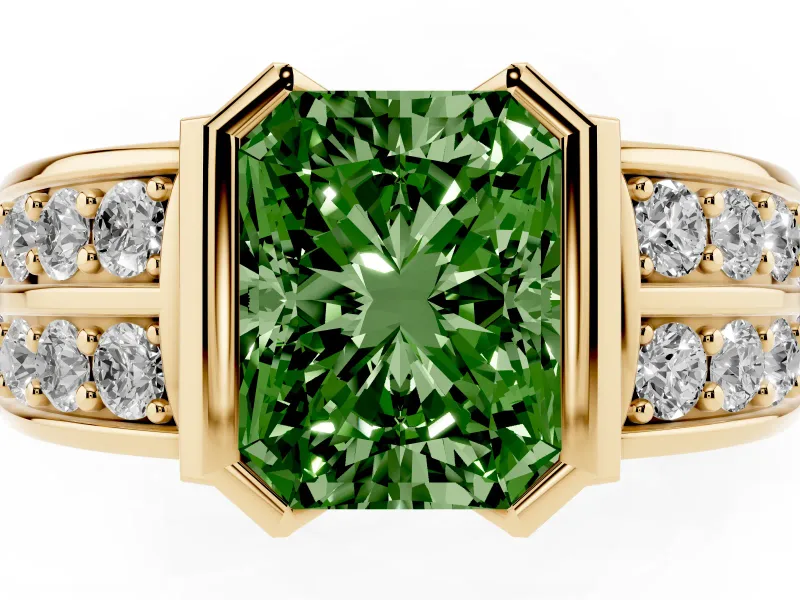 Radiant Cut Half Bezel Engagement Ring Setting for a Fancy Green Lab-Grown Diamond | Channel Band | Yellow Gold