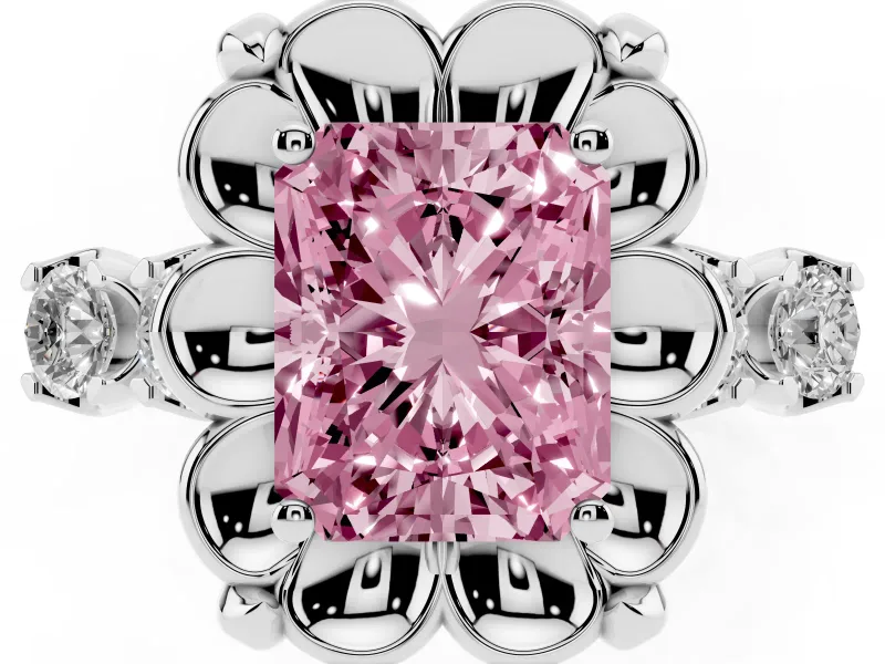 Fancy Pink Radiant Cut Diamond Floral Halo Ring Set in Silver with Shared Prong Band