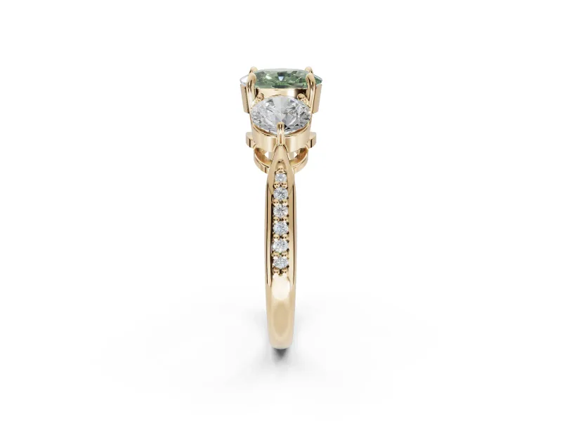 Cushion Cut Three Stone Engagement Ring Setting for a Fancy Green Lab-Grown Diamond | Tapered Pave Band | Yellow Gold