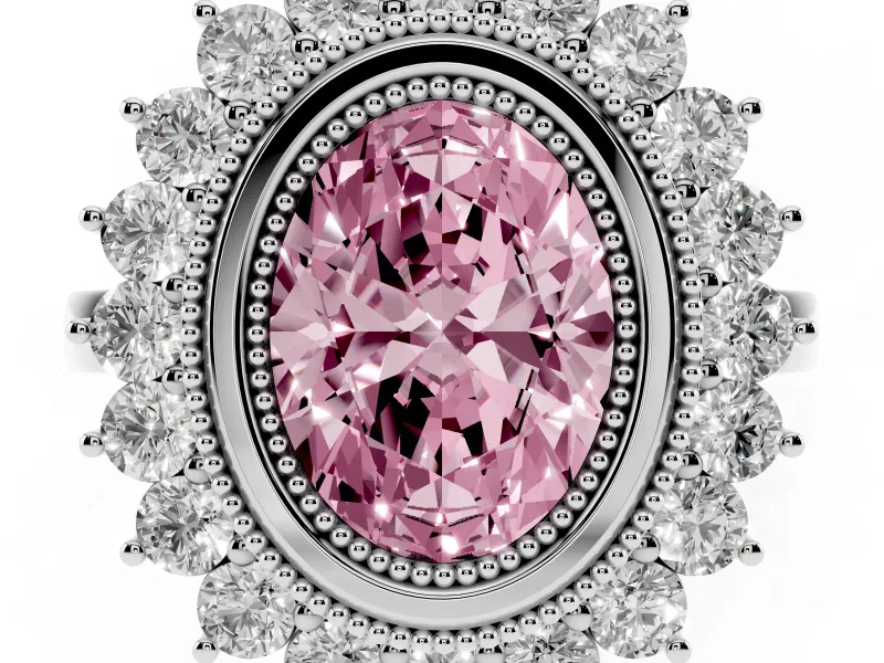 Fancy Pink Oval Cut Diamond Halo Ring Set in Platinum with Milgrain Edge and Round Prong Setting