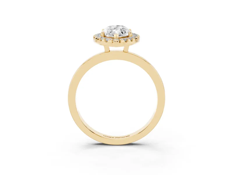 Marquise Cut Diamond Halo Solitaire Ring Set in Yellow gold with Pavé Band and Prong Setting