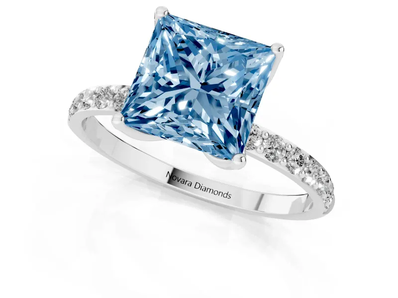 Princess Cut Pave Solitaire Engagement Ring Setting for a Fancy Blue Lab-Grown Diamond | Slim Band | Sterling Silver