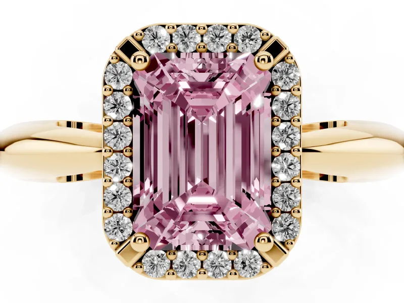 Emerald Cut Halo Engagement Ring Setting for a Fancy Pink Lab-Grown Diamond | Plain Tapered Band | Yellow Gold