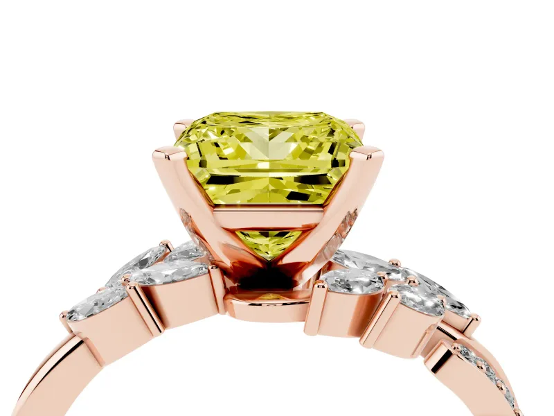 Fancy Yellow Princess Cut Diamond Solitaire Ring Set in Rose gold with Marquise Twist Band and Prong Setting