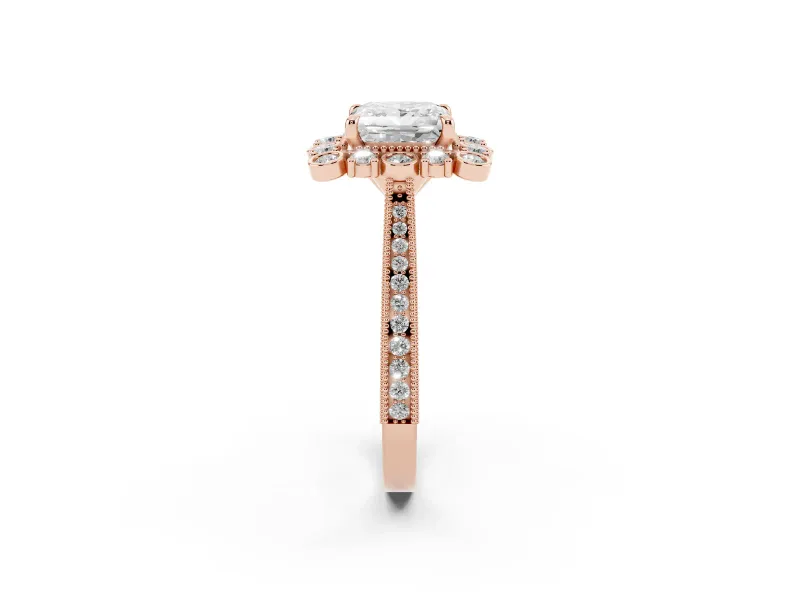 Princess Cut Diamond Halo Milgrain Pavé Ring Set in Rose gold with Prong Setting