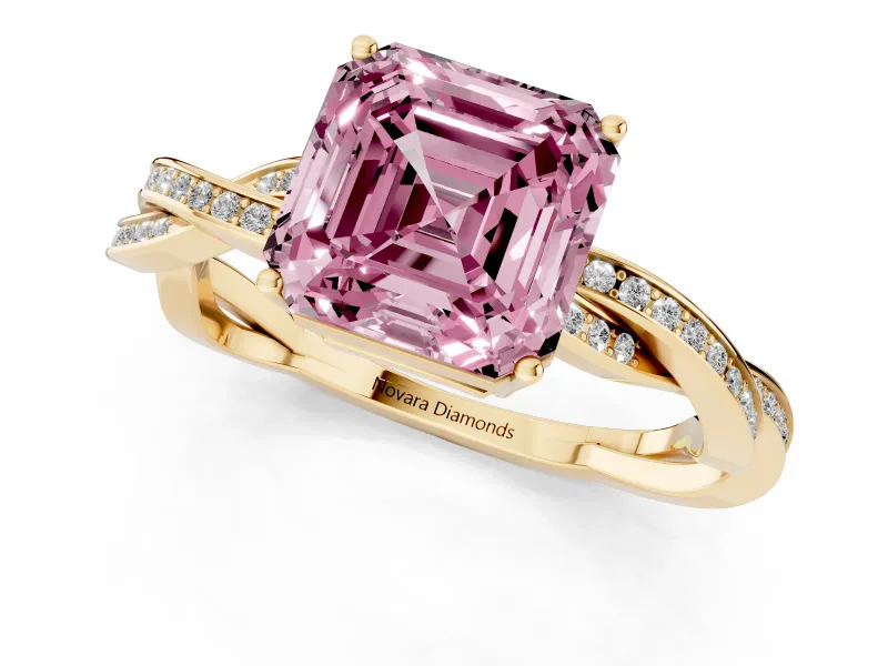 Fancy Pink Asscher Cut Diamond Solitaire Twisted Pavé Ring Set in Yellow gold with Prong Setting
