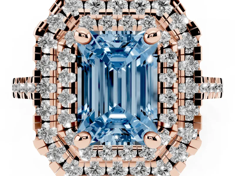 Fancy Blue Emerald Cut Diamond Double Halo Statement Ring Set in Rose gold with Pavé Band
