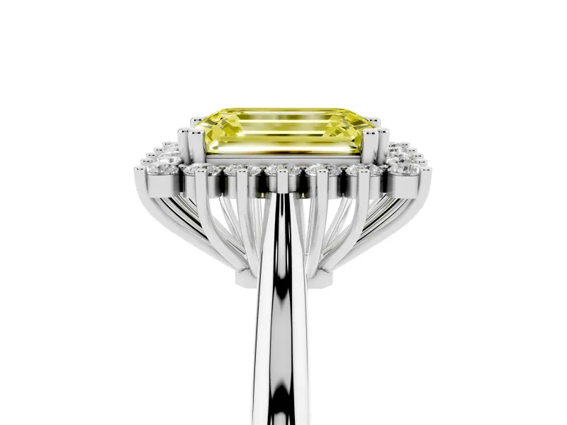 Fancy Yellow Emerald Cut Diamond Halo Ring Set in Silver with Plain Solitaire Band and Prong Setting