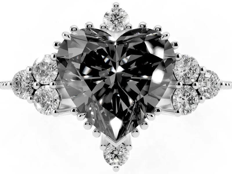 Heart-Shaped Cluster Engagement Ring Setting for a Black Center | Beaded Edges | Sterling Silver