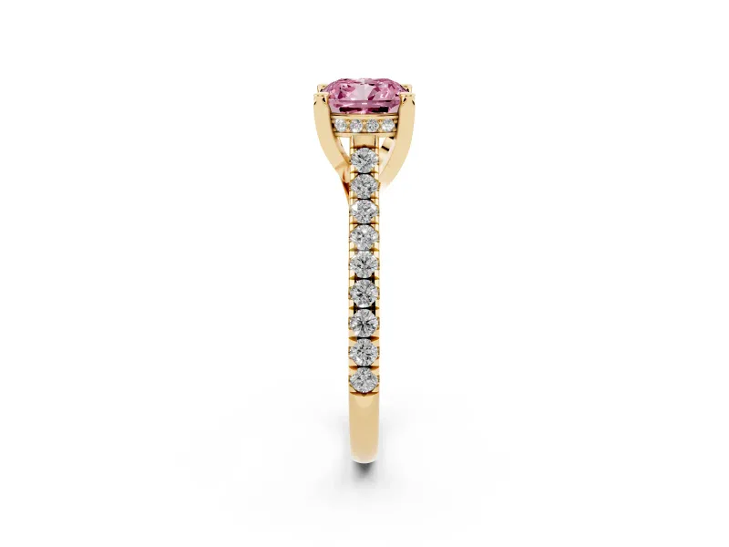 Cushion Cut Hidden Halo Pave Engagement Ring Setting for a Fancy Pink Lab-Grown Diamond | Claw Prongs | Yellow Gold