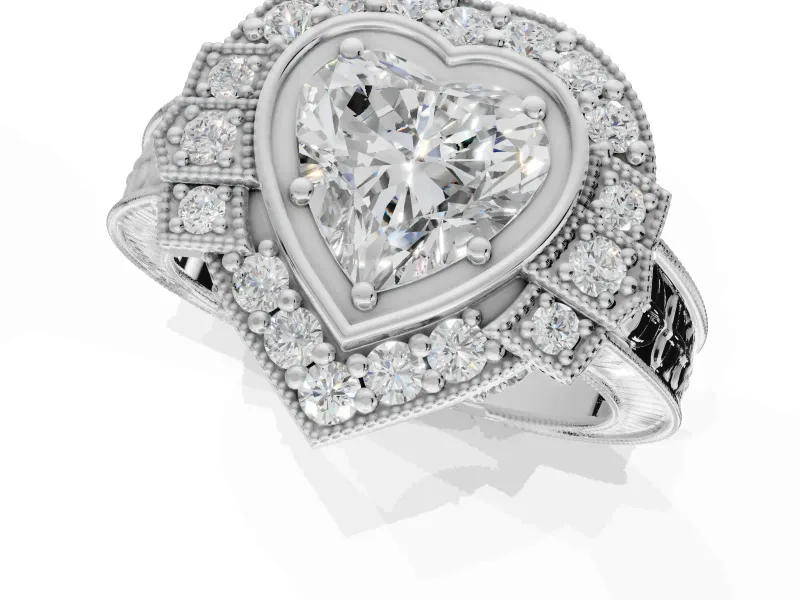 Heart-Shaped Vintage Halo Engagement Ring Setting | Art Deco Side Panels | Sterling Silver
