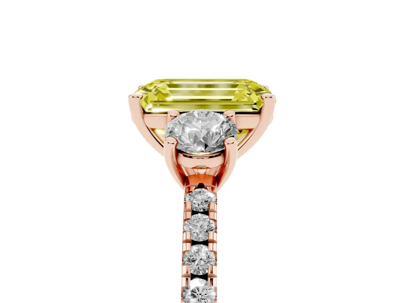 Emerald Cut Three Stone Engagement Ring Setting for a Fancy Yellow Lab-Grown Diamond | Pave Shoulders | Rose Gold