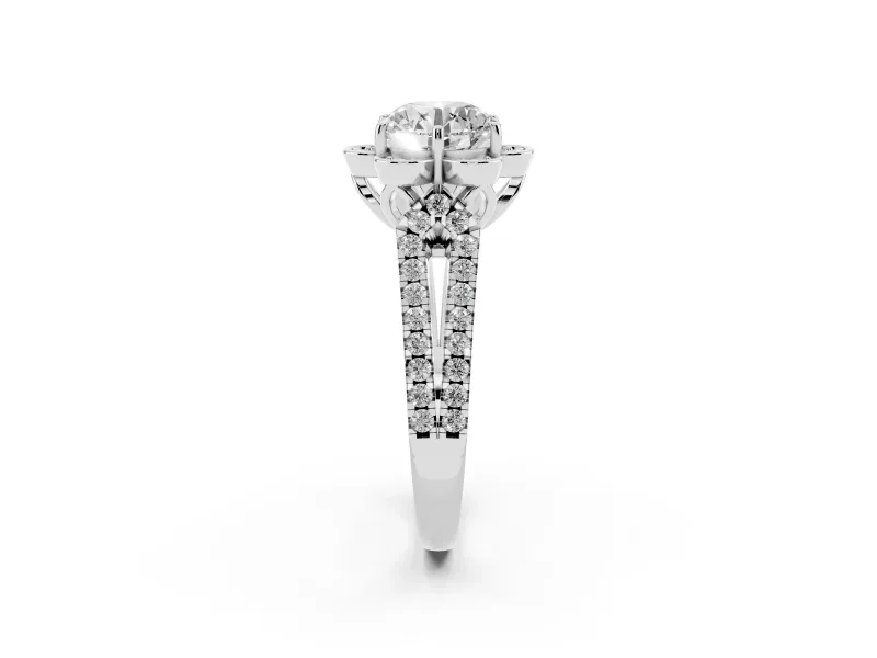 Round Petal Frame Floral Halo Engagement Ring Setting | Pavé Split Shank | White Gold