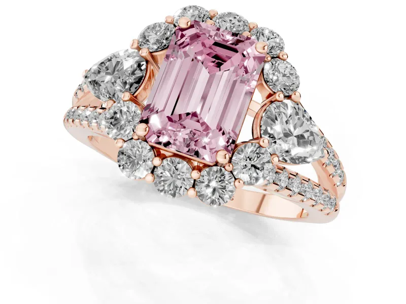 Fancy Pink Emerald Cut Diamond Halo Split Shank Engagement Ring Set in Rose gold with Prong-Held Center Stone