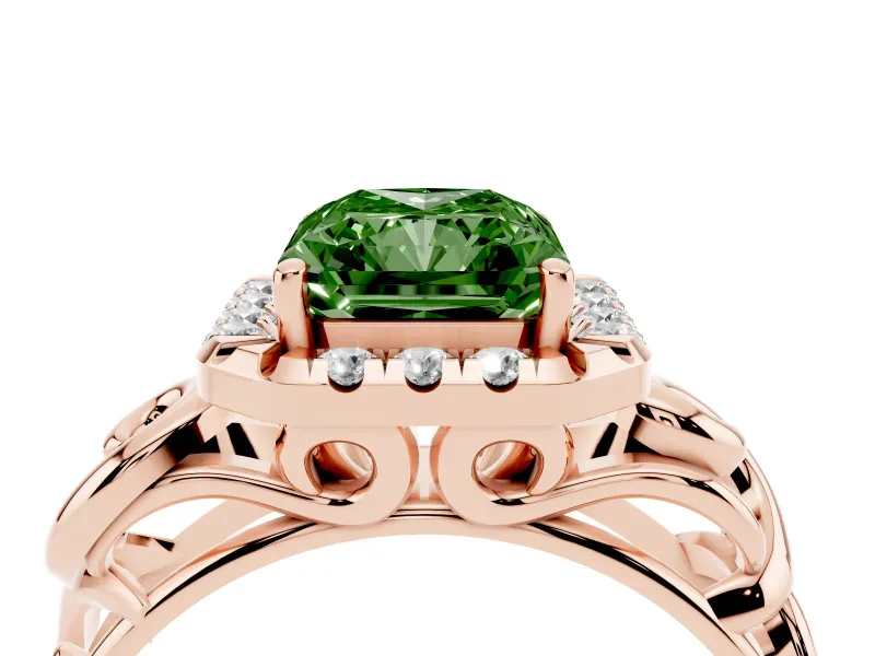 Radiant Cut Filigree Halo Engagement Ring Setting for a Fancy Green Lab-Grown Diamond | Rose Gold