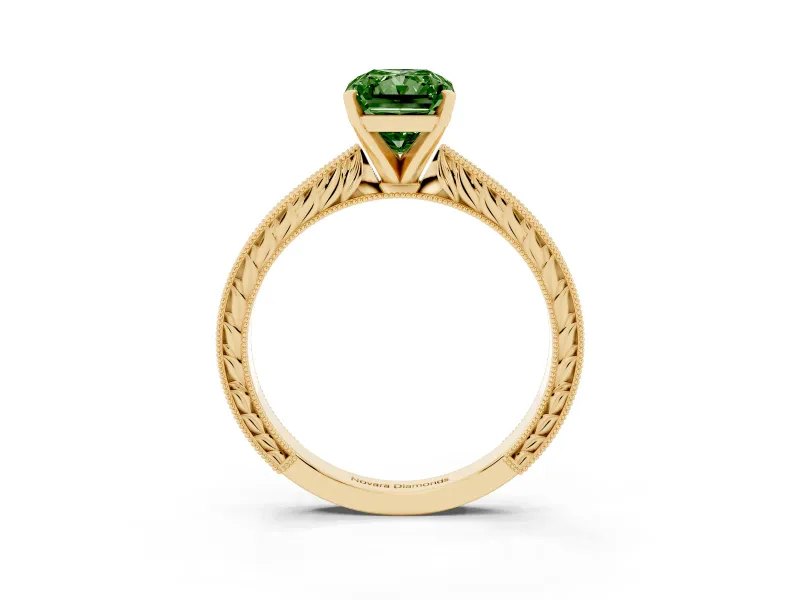 Fancy Green Radiant Cut Diamond Solitaire Milgrain Engraved Band Set in Yellow gold with Prong Setting