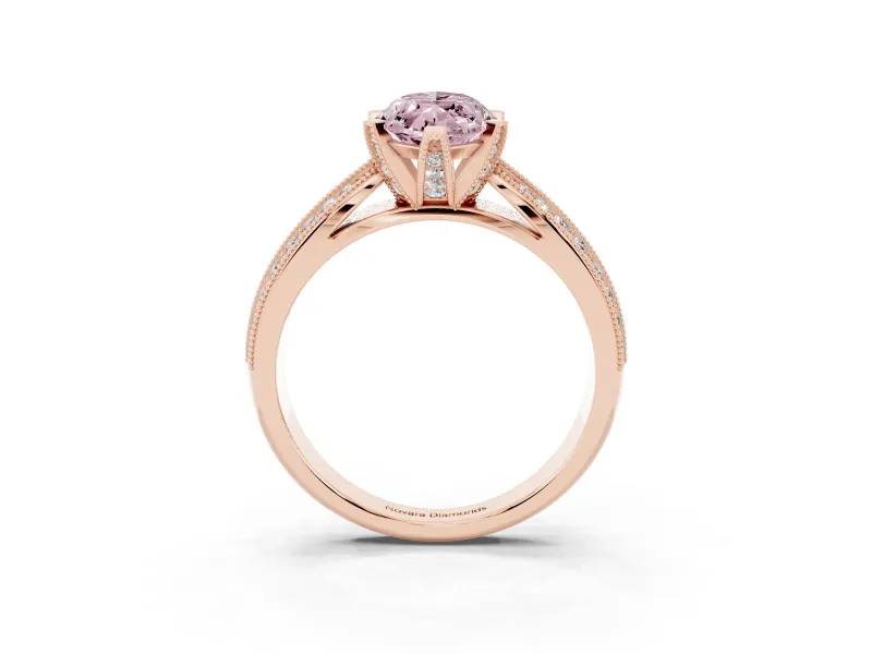 Fancy Pink Marquise Cut Diamond Solitaire Ring Set in Rose gold with Milgrain Double Row Round Pavé Band
