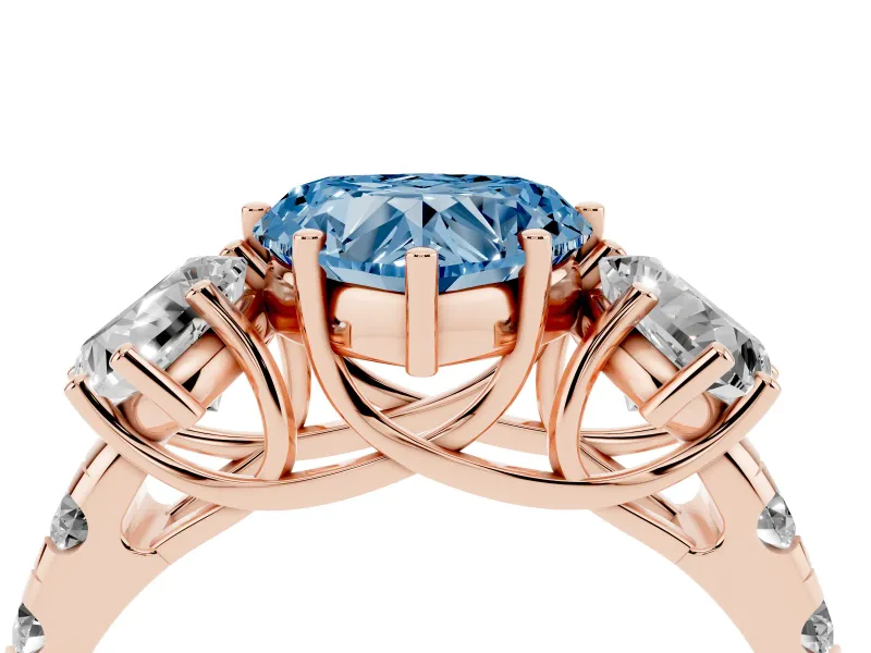 Heart-Shaped Three Stone Engagement Ring Setting for a Fancy Blue Lab-Grown Diamond | Accented Shoulders | Rose Gold