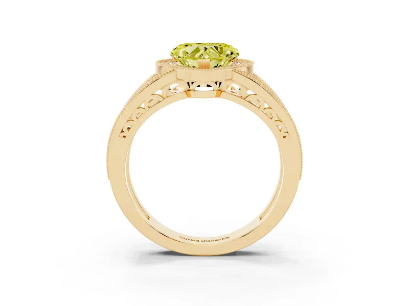 Fancy Yellow Heart Cut Diamond Halo Ring Set in Yellow gold with Accent Split Shank and Prong Setting