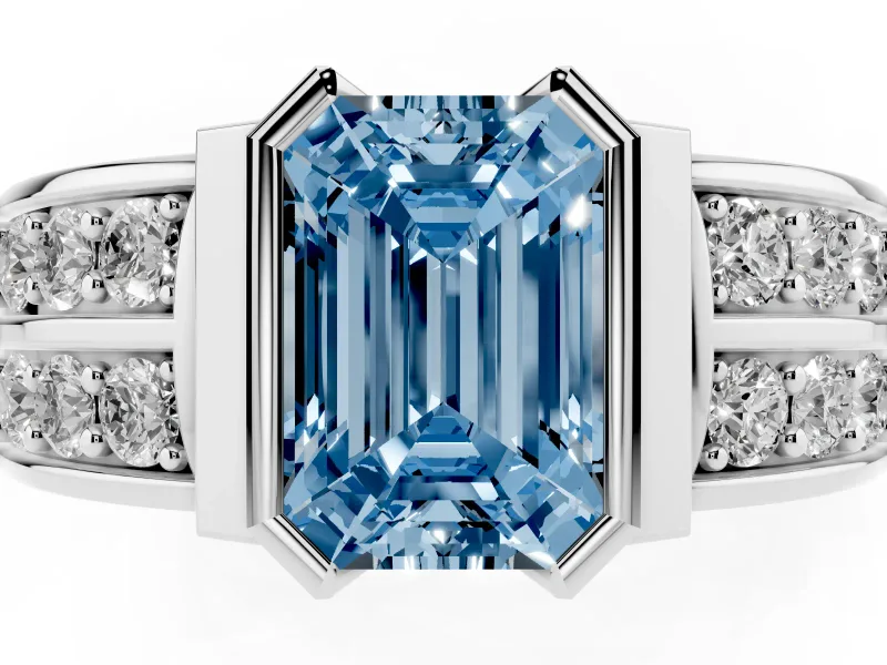 Emerald Cut Half Bezel Engagement Ring Setting for a Fancy Blue Lab-Grown Diamond | Double Row Channel Band | White Gold