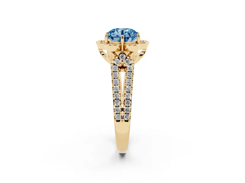Round Floral Halo Engagement Ring Setting for a Fancy Blue Lab-Grown Diamond | Pavé Split Shank | Yellow Gold