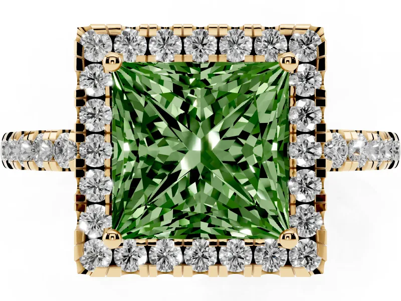 Fancy Green Princess Cut Diamond Pavé Band Halo Engagement Ring Set in Yellow gold with Prong Setting
