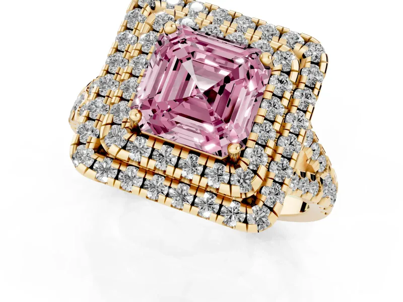 Asscher Cut Halo Split Shank Engagement Ring Setting for a Fancy Pink Lab-Grown Diamond | Pavé Strands | Yellow Gold