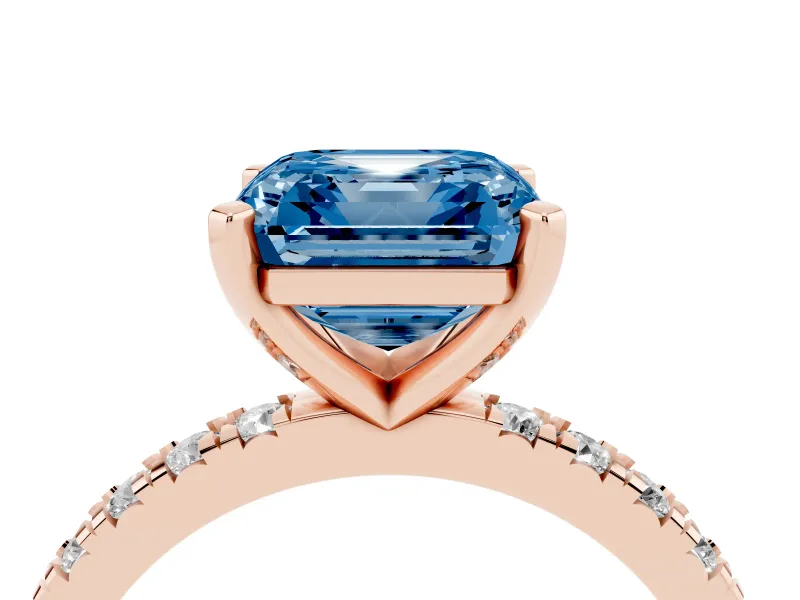 Fancy Blue Asscher Cut Diamond Pavé Band Solitaire Set in Rose gold with Prong Setting