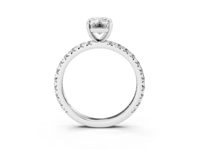 Emerald Cut Diamond Pavé Solitaire Ring Set in White gold with Round Band and Prong Setting