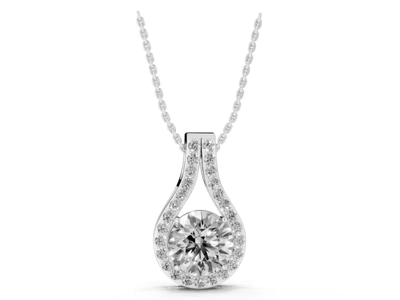 Round Lab-Grown Diamond Teardrop Halo Pendant Necklace | Pavé Split Bail | Sterling Silver