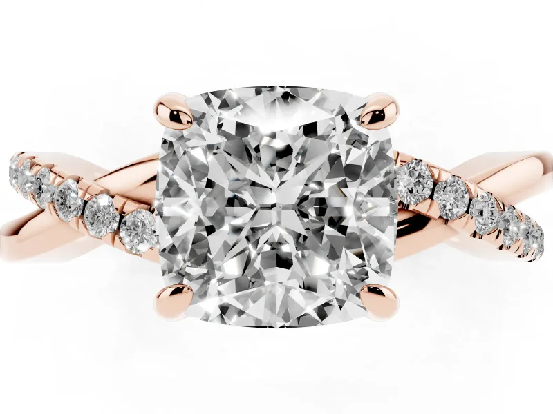 Cushion Cut Diamond Twist Band Solitaire Set in Rose gold with Pavé Accents and Prong Setting