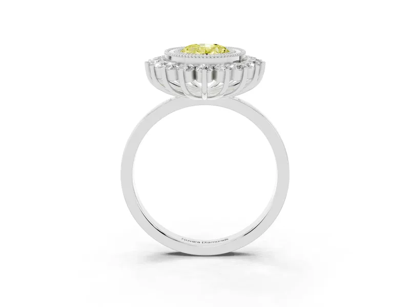 Fancy Yellow Oval Cut Diamond Halo Ring Set in Platinum with Milgrain Edge and Round Prong Setting