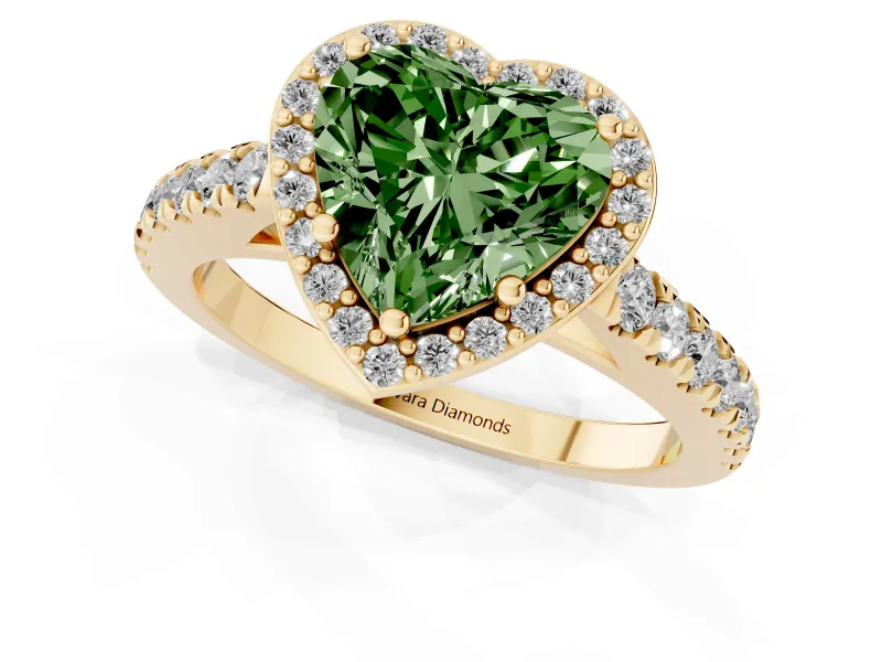 Fancy Green Heart Cut Diamond Halo Engagement Ring Set in Yellow gold with Pavé Band and Prong Setting