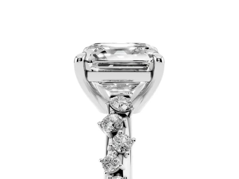 Asscher Cut Diamond Solitaire Vine Band Ring Set in Platinum with Round Accents and Prong Setting